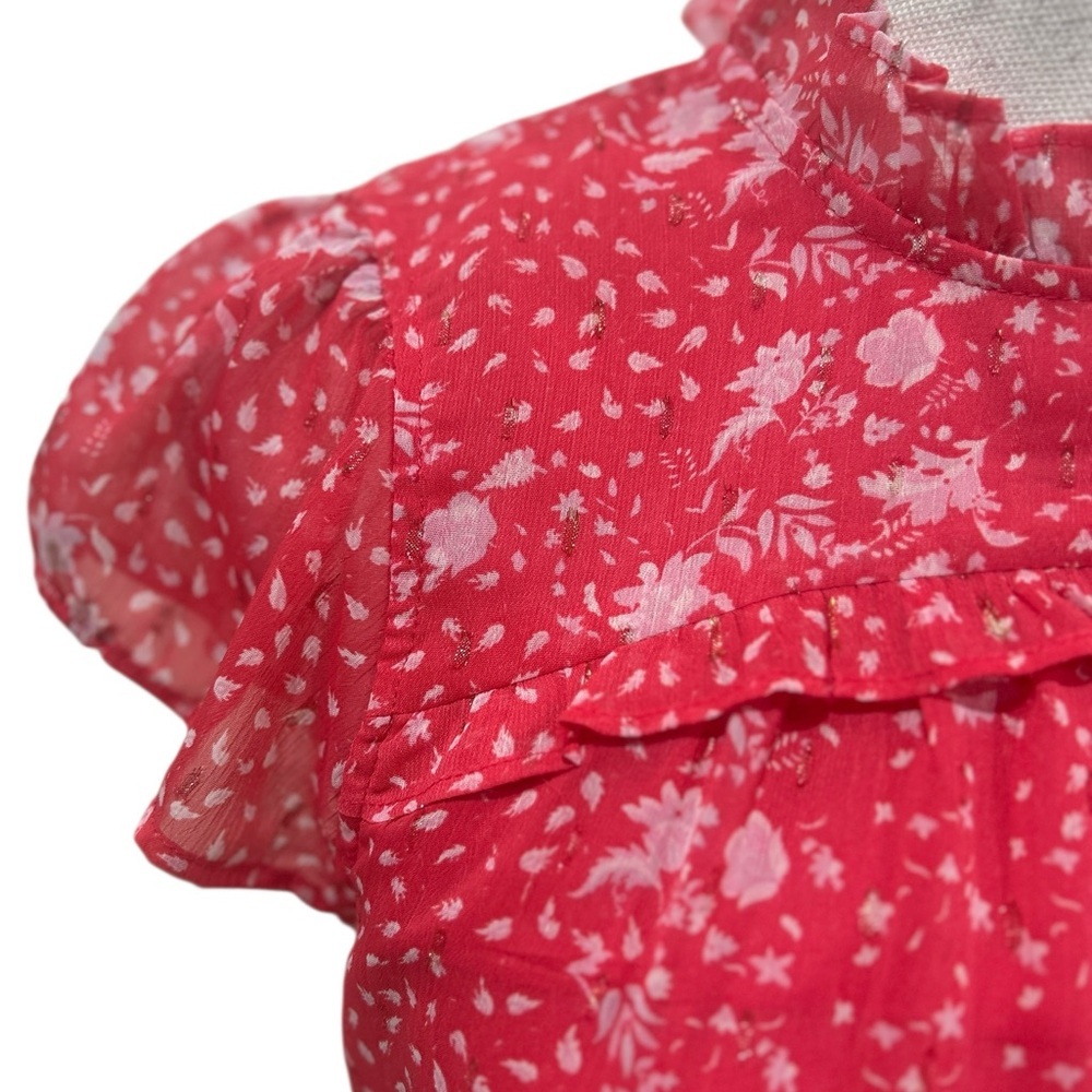 Joie cranberry pink chiffon Floral ruffle neck short sleeve Blouse size small - Picture 5 of 10